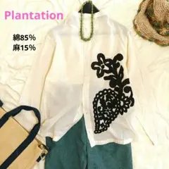 【美品】Plantation パッチワーク花柄刺繍　麻混　ハイネック長袖シャツのサムネイル