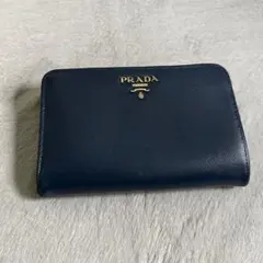 PRADA プラダ　折り財布　ラウンドジップ　ブルー　ゴールドロゴ