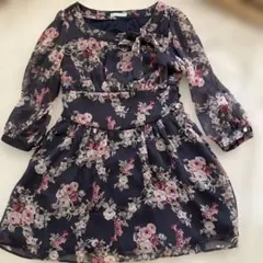【美品】dazzlin花柄チュニックシフォンワンピースリボンネイビー M