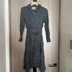 ダークグリーン 水玉 長袖シャツワンピース