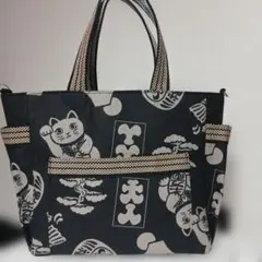 縁起物柄のポケットいっぱいトートバッグハンドメイド　　黒色