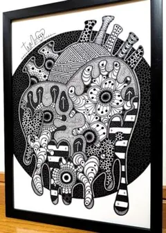 A4額付き　アート　オリジナルアート　絵画　原画　ペン画　アクリル画　インテリアのサムネイル