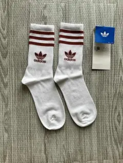 adidas ストライプ クルーソックス ホワイト/ブラウン22-24cm