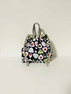 おにぎり柄の持ち手つきお弁当袋　ネイビー　ハンドメイド