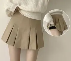 ベージュ　プリーツスカート　コーデュロイ　インパン　ミニスカ　スコート　韓国