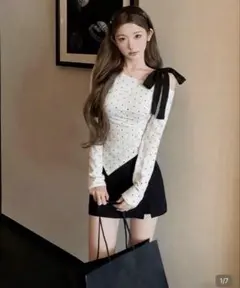 SHEIN ドット柄 アシンメトリーネック 長袖トップス リボン 韓国 ワンホン
