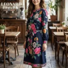 美品✨レオナール ニット 切替 ワンピース トリム 花柄 マルチカラー
