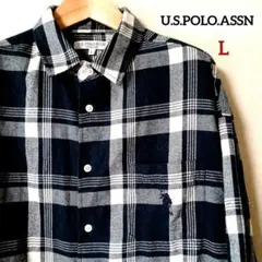U.S. POLO ASSN. チェック柄ネル長袖シャツ　ロゴ刺繍　紺白　L