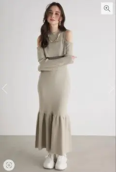 リエンダ チェーンネックレス オフショル マーメイド ベージュ ニットワンピース