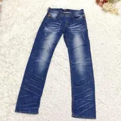 s.2572 ストレート デニム ジーンズ ダメージ シワ 加工 ブルー S