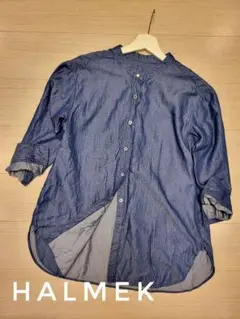 美品 ハルメク ゆったり パールボタン デニム 長袖シャツ バンドカラー