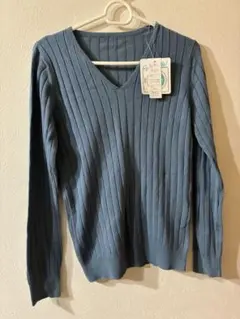 marvelous by Pierrotブルー Vネック リブ編みセーター 長袖