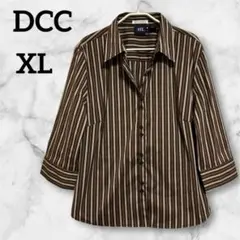 DCC 【XL】ストライプ柄 五分袖シャツ 茶系 伸縮性,張りのある素材