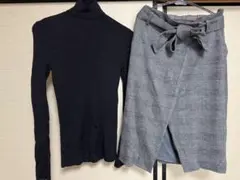 スコットクラブとユニクロ　ブラックタートルネックとチェックスカートセット