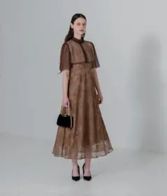 LEJA パール付きケープ風リボンパフスリーブボレロ刺繍レースキャミ
