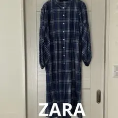 ZARA チェック柄 シャツワンピース 長袖 ネイビーブルー　両サイドポケット