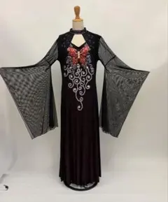 最高級ステージドレス 黒地 赤ラメ 豪華刺繍 シースルー袖 M〜LサイズNo.6 最高級ステージドレス 黒地 赤ラメ 豪華刺繍 シースルー袖 M〜Lサイズ