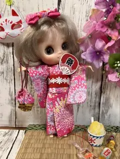 ミディブライス、アイシードールサイズ浴衣　花火　ピンクのサムネイル