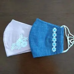ハンドメイド コットンレース　レース マスク 大人用 立体　花　刺繍　ピンク　青