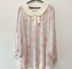 花柄襟付き長袖ワンピース