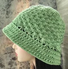 コットン　バケットハット　ケア帽子　若草色　クロシェハット　クラッシャーハット