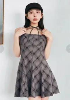 Darich チェックホルターリボンベアミニワンピース