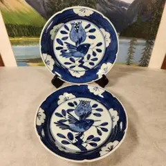 賞美堂　其泉窯　小染花鳥文　大皿　2枚