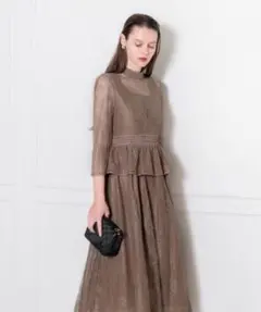 【LEJA】ビスチェ風レース花柄透けフレア美脚効果ロングワンピースドレス／レジャ