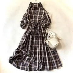 ラルフローレン】チェックワンピース 半袖 膝丈 ベルト 丸襟 シルク 紺