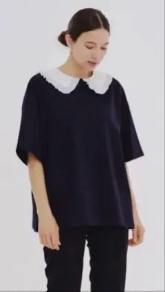 yori フロッキードットカラーTee yori フロッキードット丸襟Tee ネイビー - メルカリ