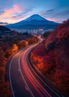 1599 夕暮れの富士山と光の軌跡　紅葉ポスター　夜景　幻想的