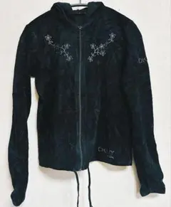 DKNY ACTIVE ダナキャラン ジップアップパーカー ベロア調 花柄刺繍