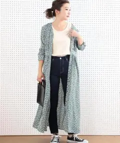 O365フリークスストア長袖ロングワンピースシャツワンピース花柄グリーンVネック