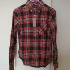 GLOBAL WORKオレンジと黒のチェック柄シャツ S