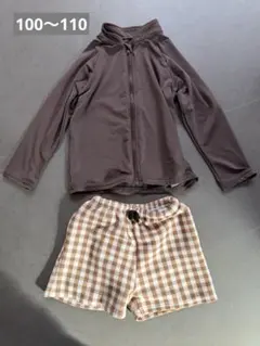 キッズ水着　ギンガムチェック　ブラウンラッシュガードセット　100〜110サイズ