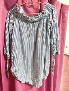 青と白ストライプ 五分袖シャツ Mサイズ