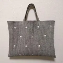 ハンドメイド　レッスンバッグ　グレー　ハート刺繍　入園入学セット