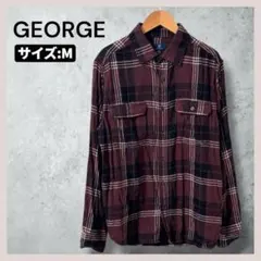GEORGE ジョージ ネルシャツ M チェック柄 ボルドー 古着 長袖のサムネイル