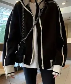 オーバーサイズ ジップアップジャケット ブラック/ホワイト【カジュアルシック】