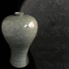 ♦韓国朝鮮陶磁 砂高台 白土象嵌 高麗青磁 瓶 壺 置物飾り 骨董品 高麗青磁 辰砂 動物文壺 猫 鳥 高さ約24cm 李朝 陶磁器 韓国 朝鮮 美品