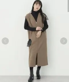 アースミュージックアンドエコロジー 圧縮ニットZIPジャンスカ モカ F