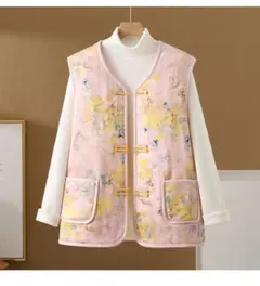 レトロ チャイナボタン ベスト 暖かい チョッキ 裏起毛 プリント Vネック