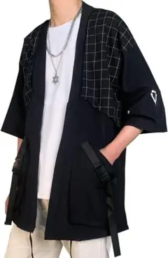 和風カーディガン 和風服　ブラック　メンズ M 七分袖 カーディガン　ゆったり