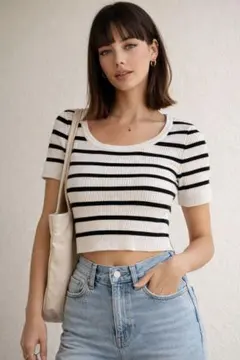 SHEIN ボーダー リブニット 半袖トップス ホワイト×ブラック Sサイズ