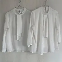 【2点セット】ボウタイ長袖ブラウス　長袖シャツ　オフィス　ブラウス　ホワイト