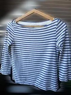 美品！ユニクロ　白×青　細ボーダー七分袖カットソー　Sサイズ