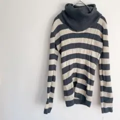 春 秋 ボーダー S M グレー ホワイト オフタートル リブ ニット セーター