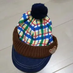 MIKI HOUSE チェック柄ポンポン帽子 SS