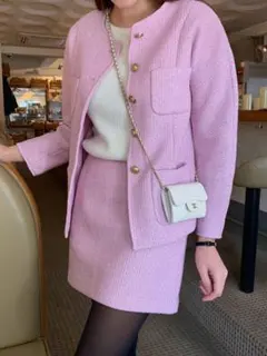 韓国通販wonlog　ゴールドボタンピンクツイードジャケット