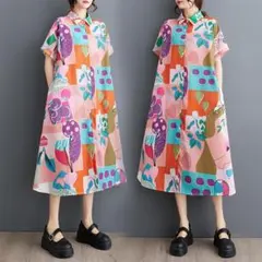 折り衿 フロントボタン プリント 半袖 シャツワンピース 体型カバー オシャレ